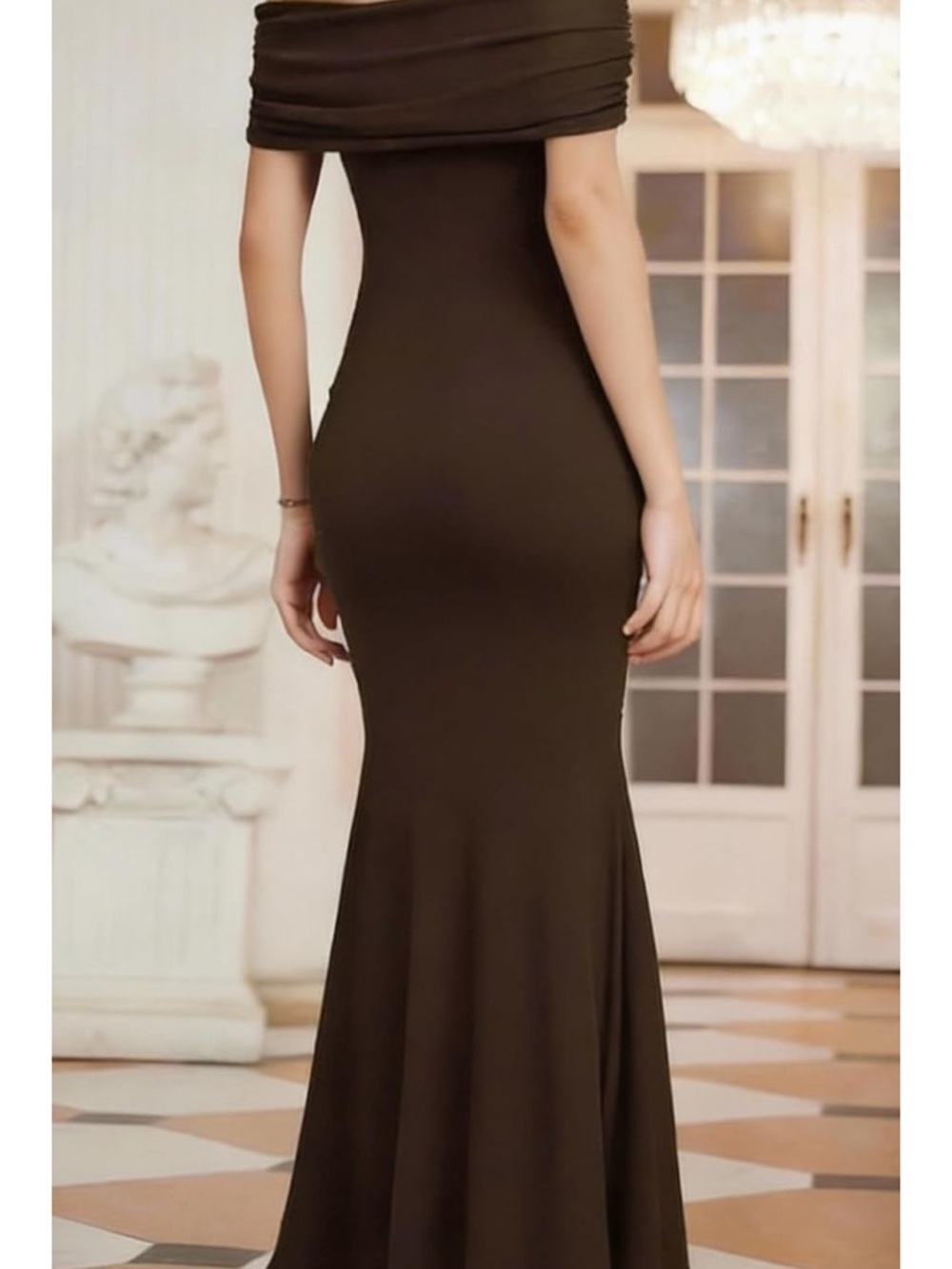 New Women Medium Off The Shoulder Brown Ruched Formal Dress - Picture 3 of 11